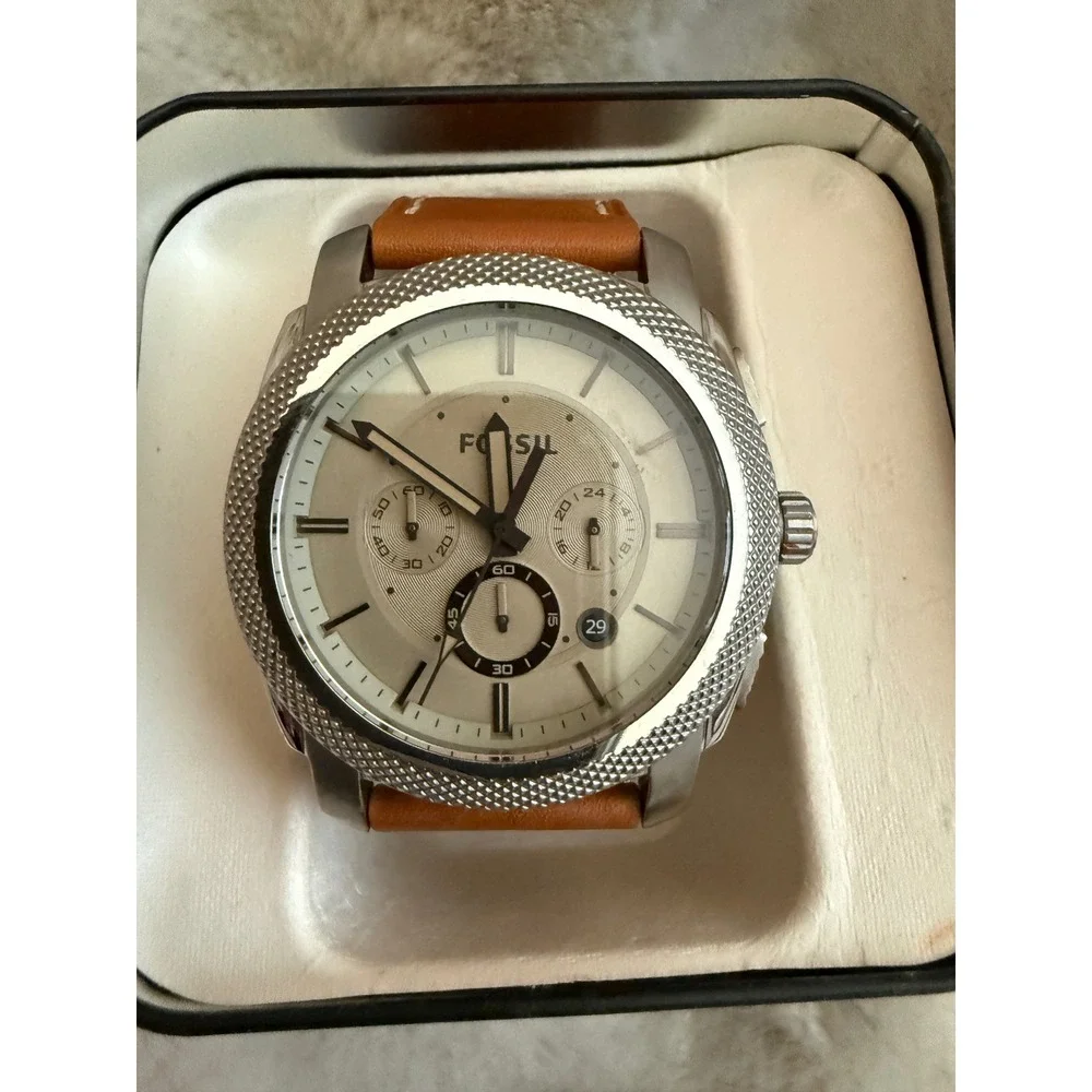Fossil Machine Chronograph Mens Watch Tan Leather Strap FS4659 Silver Case